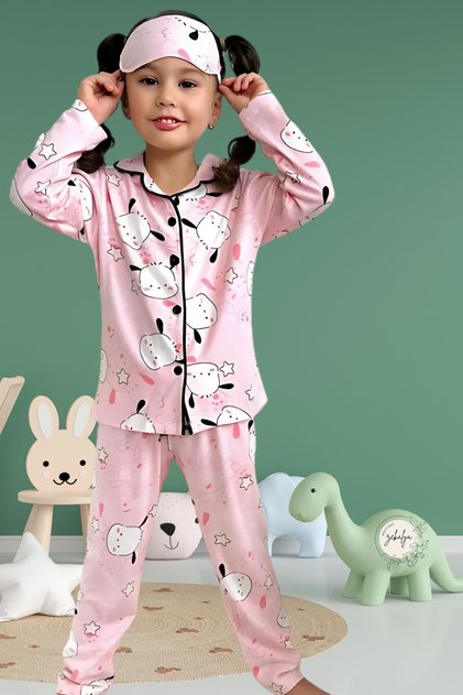 Cute Dog Pattern Shirt Collar Pink Girls Pajamas Set