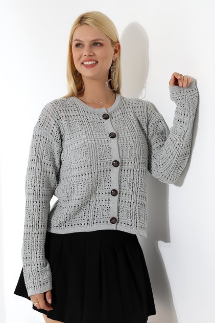 Women's Buttoned Box Patterned Knitwear Cardigan