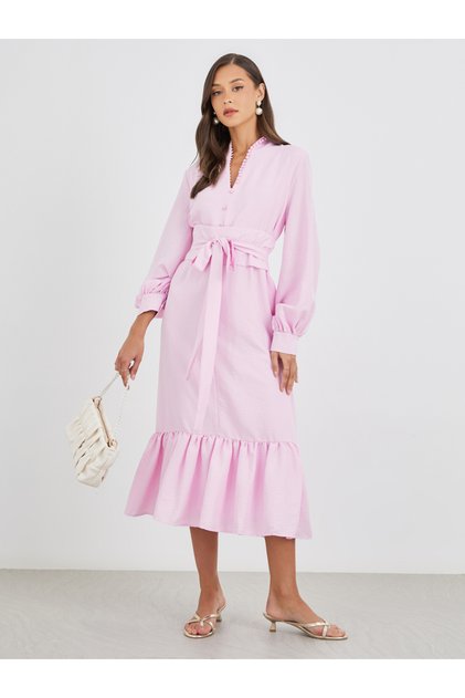 Women Light Pink Plain Belted A-Line Midi Dress