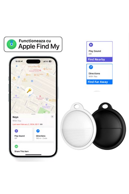Устройство против изгубване с GPS местоположение, D&K, за iPhone Apple FindMy, водоустойчиво, черно