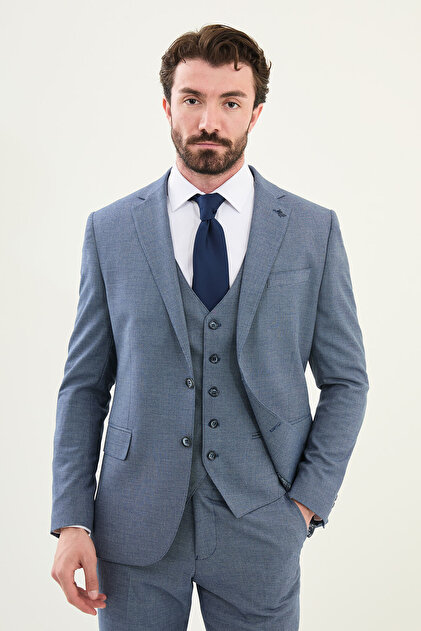 Patterned Slim Fit Mono Collar Men's Suit Navy Blue - 45404.25Y