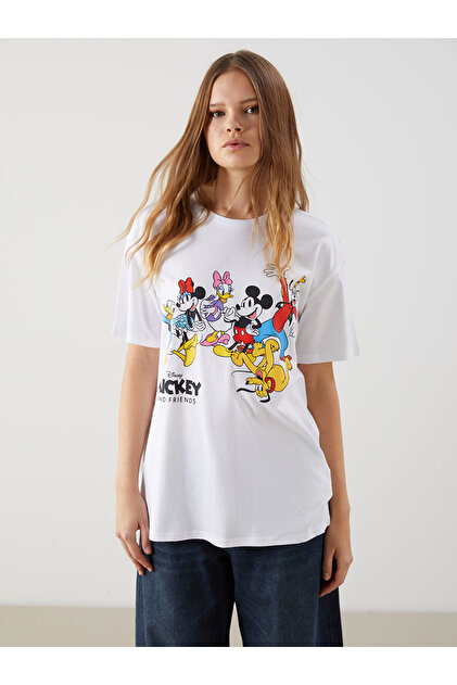 LC Waikiki Bisiklet Yaka Mickey Mouse Baskılı Kadın Tişört