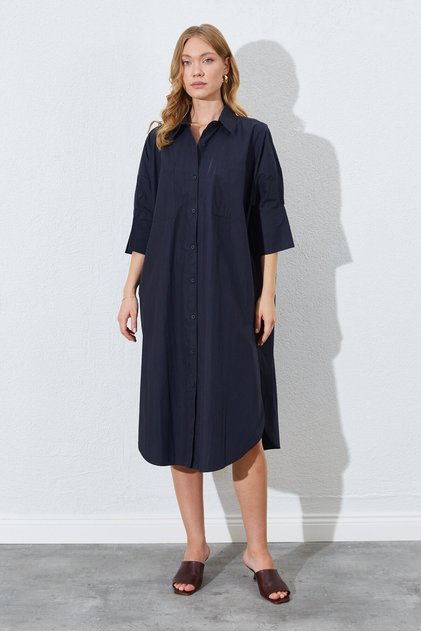 Black Loose Fit Double Pocket Shirt Dress - Ek100283067