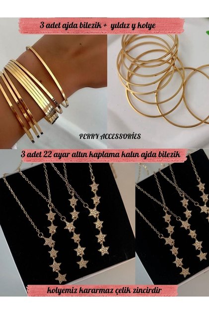 3 adet 22 ayar altın kaplama ajda bilezik ve gold renk çelik yıldız y kolye kolye bileklik set