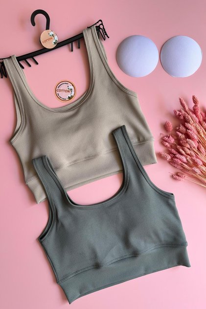 Zaphir | 2-Piece Green and Cream Color Strap Camisole Women's Sports Tank Top with Pads
