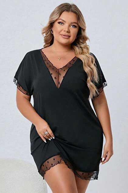Qvien Secret Women's Black Flowy Plus Size Nightgown- Trendyol