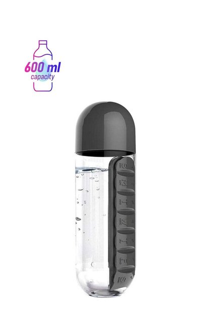 زجاجة مياه بلاستيكية من سيثيريا مع منظم لصندوق حبوب الدواء اليومية، شفاف/أسود