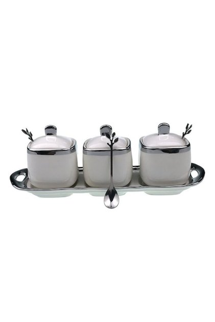 Set de ulcioare ceramice cu 3 boluri și lingură, 33x12cm, alb-argintiu
