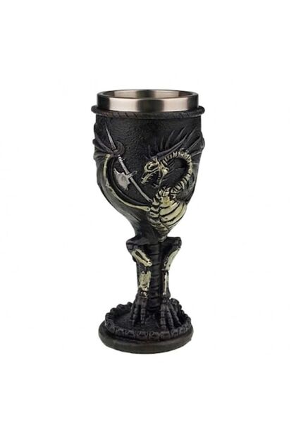 Potir din rășină cu interior metalic și design cu dragon, 8x18 cm, negru