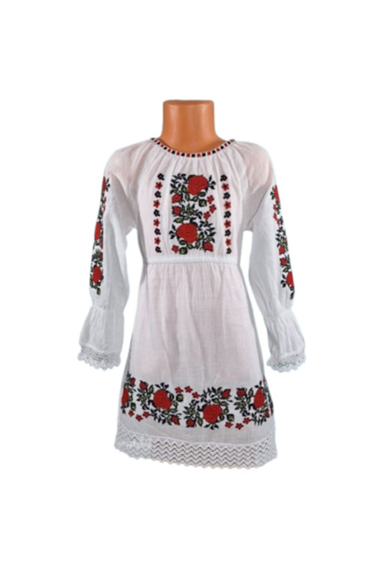 Rochie tradițională din bumbac pentru fete, albă cu broderie multicoloră, mărimea 9-10 ani