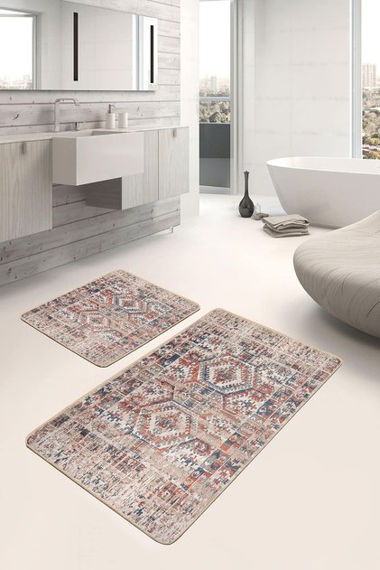 Ethnic Patterned Red-Navy Blue 2-Piece Non-Slip Base Washable Bath Mat Set