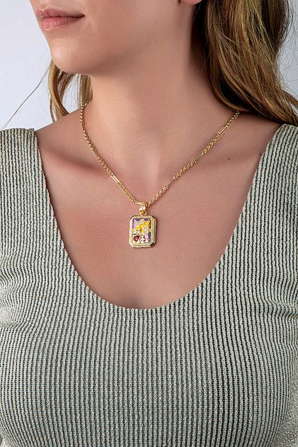 Purple Color Honeycomb & Bee Figured Gold Necklace with Design Chain