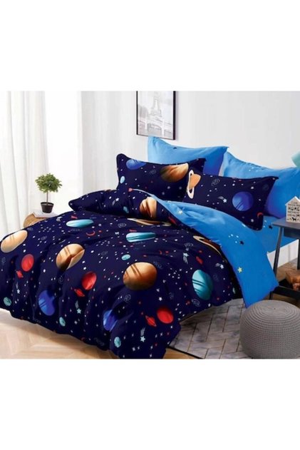 Set lenjerie de pat dublu, Univers, 2 persoane, 6 piese, Finet, 220x230cm, multicolor