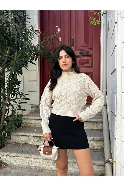 Puella Jacquard Pattern Knit Half Fisherman Balloon Sleeve Crop