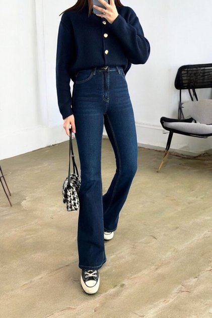 Santaly Dark Blue Non-Fading Lycra High Waist Denim Spanish Leg Jeans