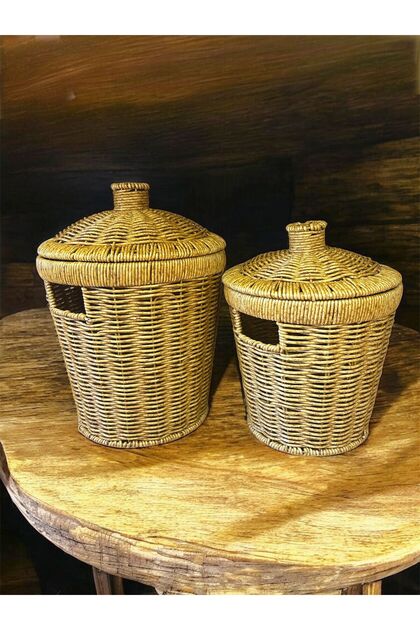 Straw Set of 2 Medium and Mini Size Wicker Lid Potato Onion Basket Set Presentation Crisper Laundry Basket