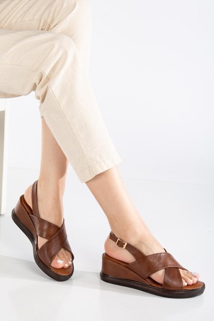 Women's Wedge Heeled Shoes Sandals Tan Cross Strap Faux Leather