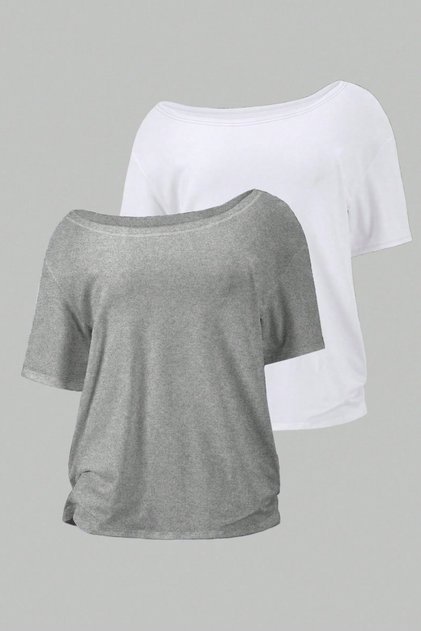 Gray White 2-Pack Women's Off Shoulder Boat Neck Oversize T-Shirt