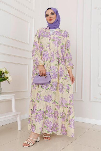 Mimosa Patterned Half Button Robe Dress-Lilac