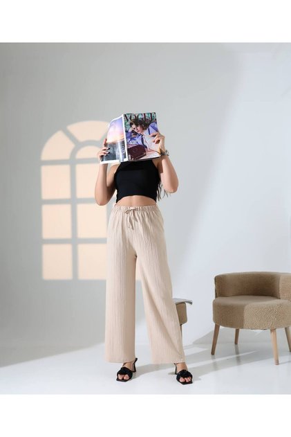 High Waist Elastic Lace-Up Waist Wrinkled Cotton Seersucker Palazzo Pants