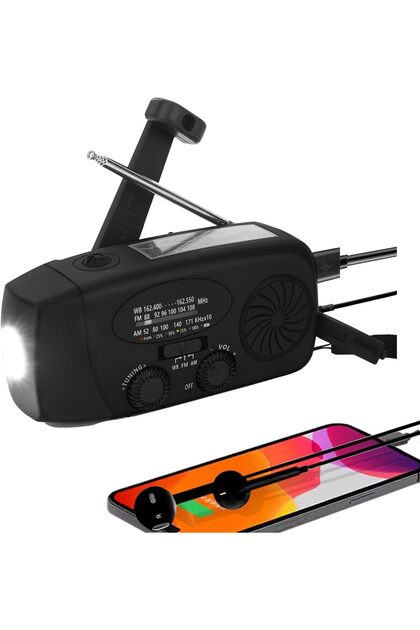 Radio portabil 3 in 1, lanterna LED, incarcare solara/manuala/USB, 2000 mAh, AM/FM, negru