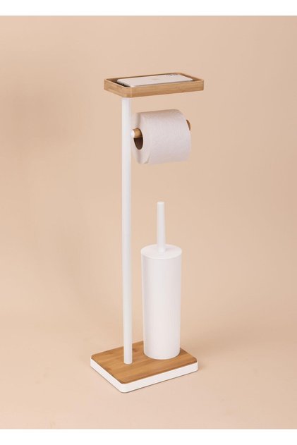 Toilet Paper Stand with Bamboo Tray and Brush White Glv0760