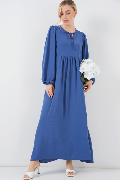 Women's Balloon Sleeve Long Hijab Dress 2464 - Cobalt Blue