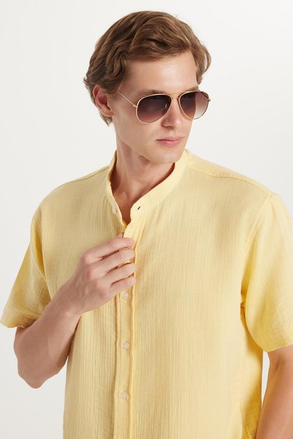 Men's Relax Fit Comfortable Cut Oversized 100% Cotton Muslin Fabric Short Sleeve Sports Court Collar Yellow Shirt