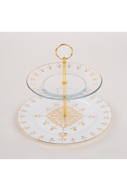 La Misa Porcelain and Glass Two-Tier Cake Stand in Gold