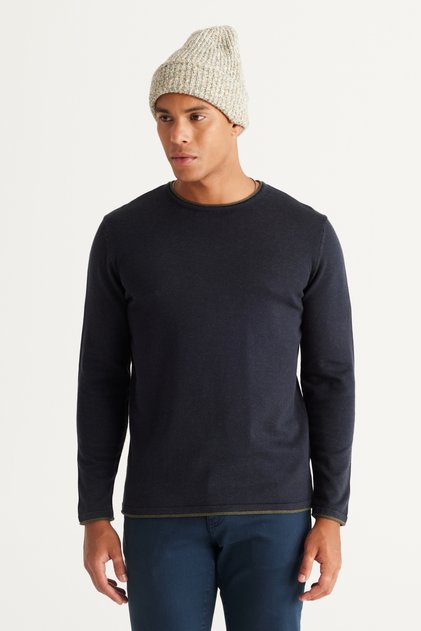 Men's Navy Blue-Khaki Standard Fit Regular Cut Crew Neck Cotton Knitwear Sweater