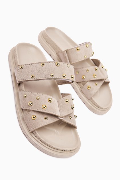 Mino Beige Cross-Strapped Studded Women's Slippers Opportunity Product