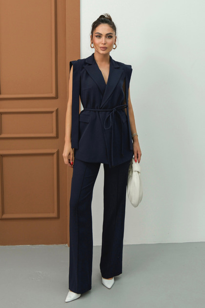 Women's Top and Bottom Double Suit Shoulder Detailed Belted Vest Pants Suit