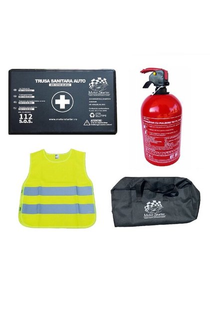 Kit siguranta auto valabilitate 5 ani, Geanta depozitare, Trusa medicala, Stingator cu pulbere, Vest