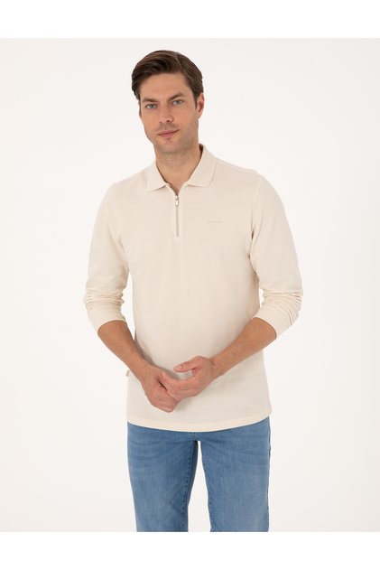 Bej Slim Fit Kıvrılmaz Fermuarlı Polo Yaka Basic Pike Sweatshirt 50314046-VR011