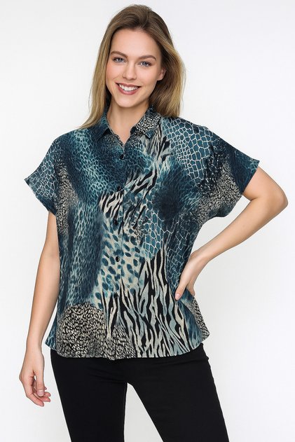Women's Bondi Blue Leopard Patterned Viscose Bat Shirt