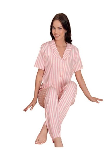 Women's Milan Fabric Shirt Collar Buttoned Across the Body Pink White Striped Short Sleeve Pajama Set