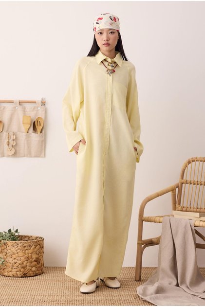 Reglan Kol Keten Elbise Soft Sarı