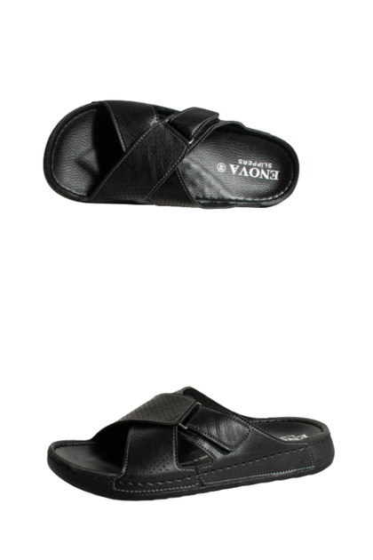 Enova Men's Faux Leather Orthopedic Comfortable Sole Adjustable Velcro Stitched Stylish Home and Outdoor Slippers