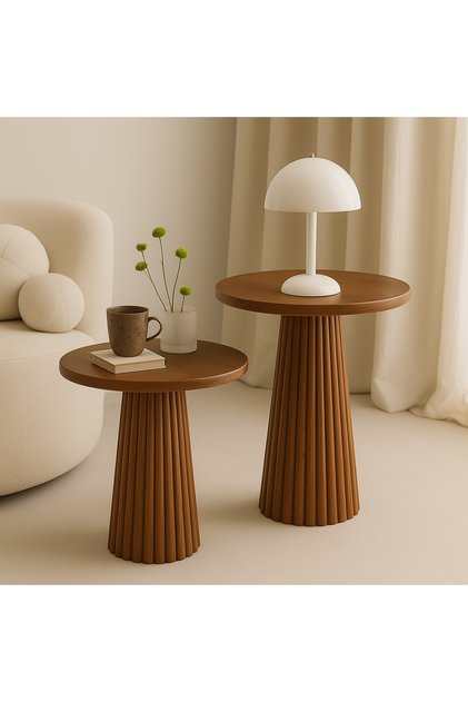 Doğal Ihlamur Ağacı 2’li Mantar Sehpa Seti – Fitilli Ayak, Modern Minimal Tasarım