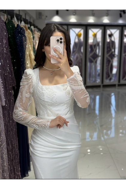 Kare yaka göğüs taş işleme Abiye Elbise
