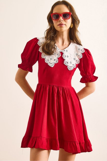 Kadın Kırmızı Bebe Yaka Mini Dökümlü Elbise ELB-19002508