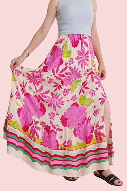 Viscose Fabric Slitted Flower Patterned Long Skirt