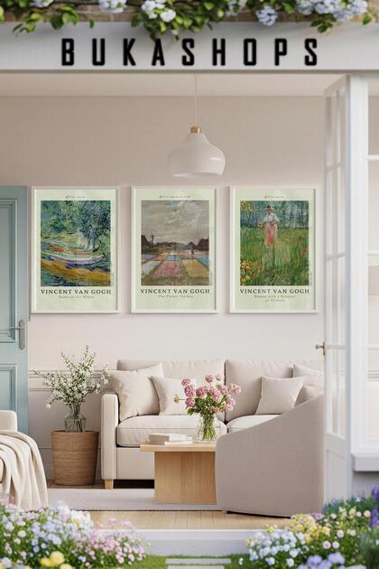 Vincent Van Gogh Nature Themed Set of 3 Wall Paintings - White Framed
