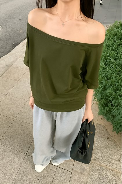 Khaki Women's Off Shoulder Boat Neck Oversize T-Shirt