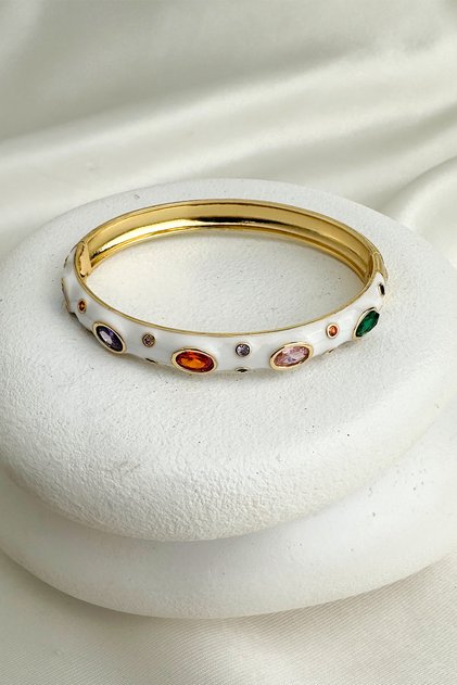 Gold Color Enamel Oval Colored Stone Design Handcuff Bracelet (Diameter: 6cm)