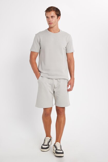 Relax Fit Comfortable Cut 100% Cotton Lightweight Thick Special Design Men's Gray Shorts T-Shirt Set