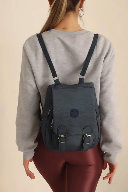 Double Compartment Covered Crinkle Fabric Women's Backpack and Shoulder Bag Navy Blue