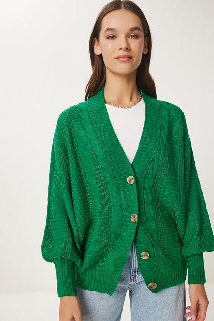 Women's Emerald Green Braided Balloon Sleeve Loose Knitwear Cardigan ZA00039
