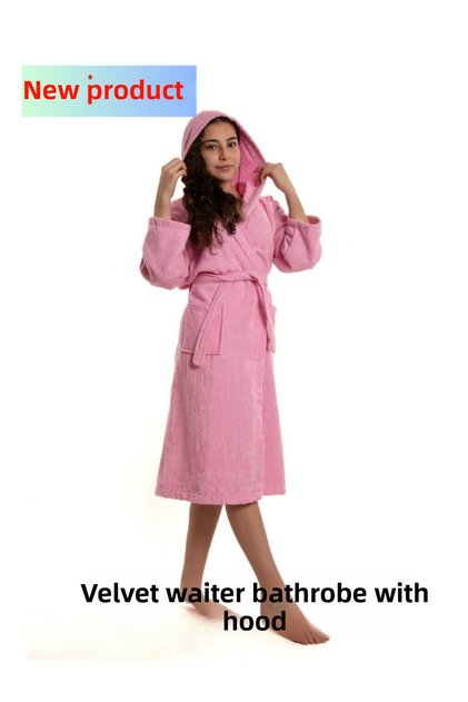 Cotton Hooded Young Waiter Boy Unisex Pocketed Curly Velvet Bathrobe