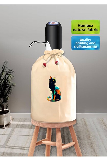 Husă decorativă cu imprimeu geometric cu pisici, din bumbac natural, cu șnur, lavabilă.